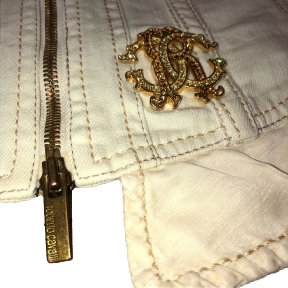 VTG Roberto Cavalli Denim & Silk Panelling Jean Jacket w Zipper Gold Logo Sz 42 - Picture 7 of 16